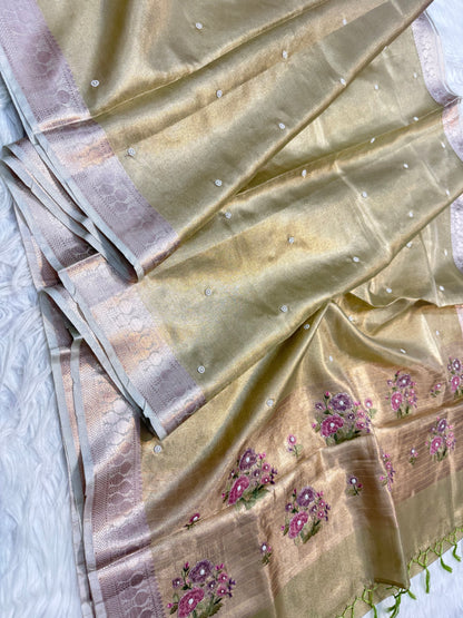 Pista green shade kota tissue kota designer embroidery handwork premium Banarasi saree
