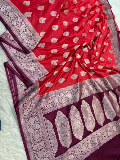 Red & wine premium mashru katan Banarasi saree