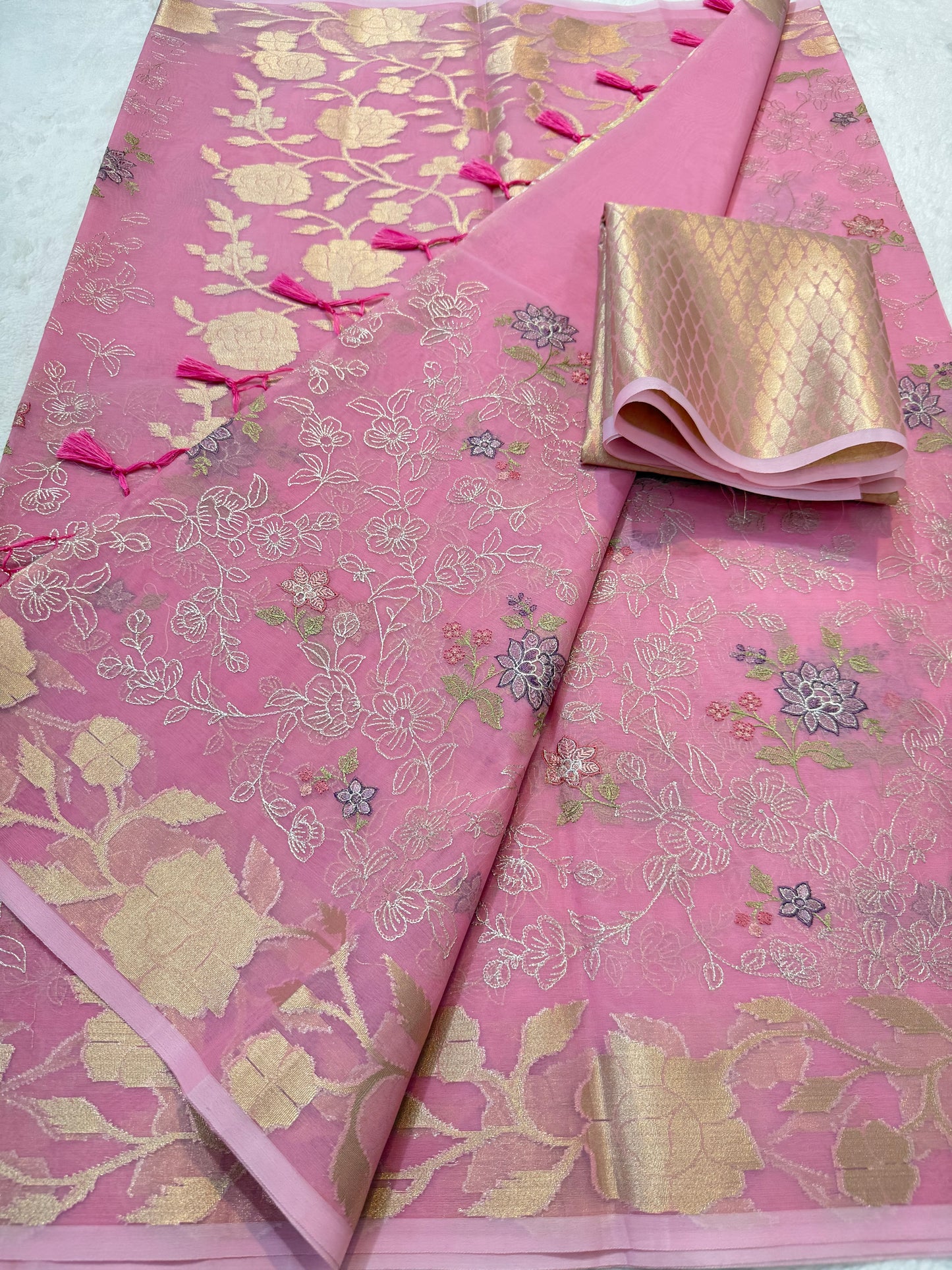 Pink shade organza designer  embroidery premium Banarasi saree