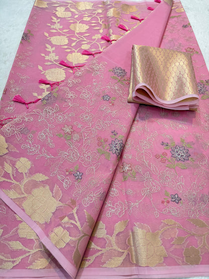 Pink shade organza designer  embroidery premium Banarasi saree