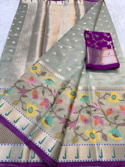Pista green & multicolour shade tissue kota premium paithani border designer banarasi saree