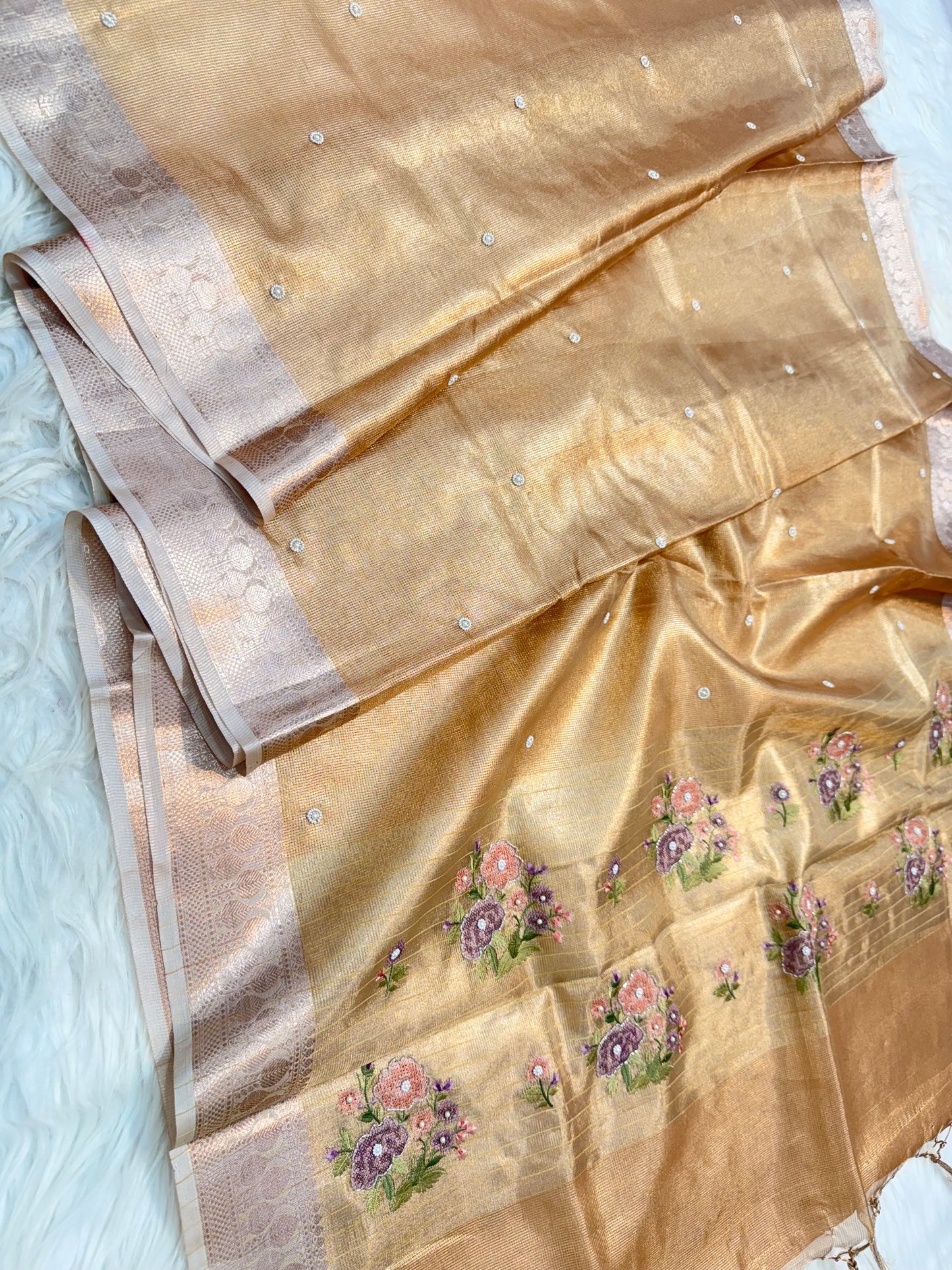 Peach shade kota tissue kota designer embroidery handwork premium Banarasi saree