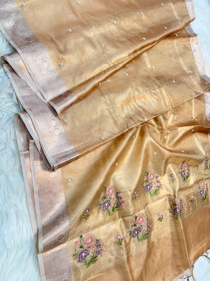 Peach shade kota tissue kota designer embroidery handwork premium Banarasi saree