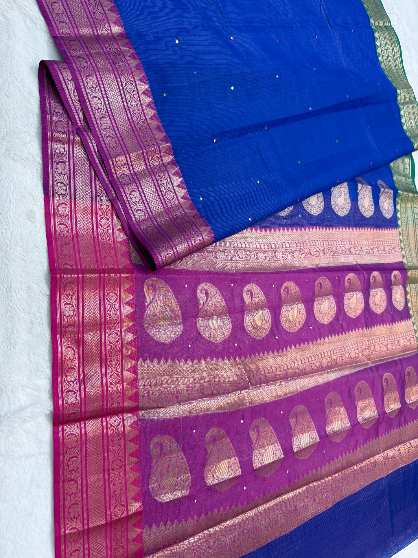 Royal blue royal pink bottle green shade kota mirror work premium Banarasi saree