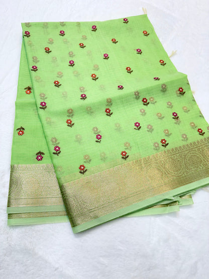Pista green  shade cotton kota embroidery Banarasi saree