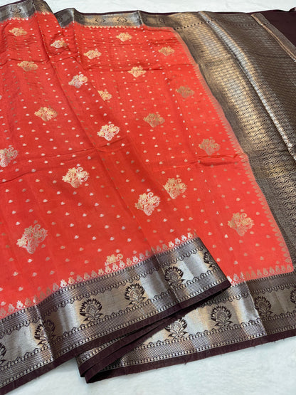 Strawberry & wine shade raw mango Banarasi premium Banarasi saree