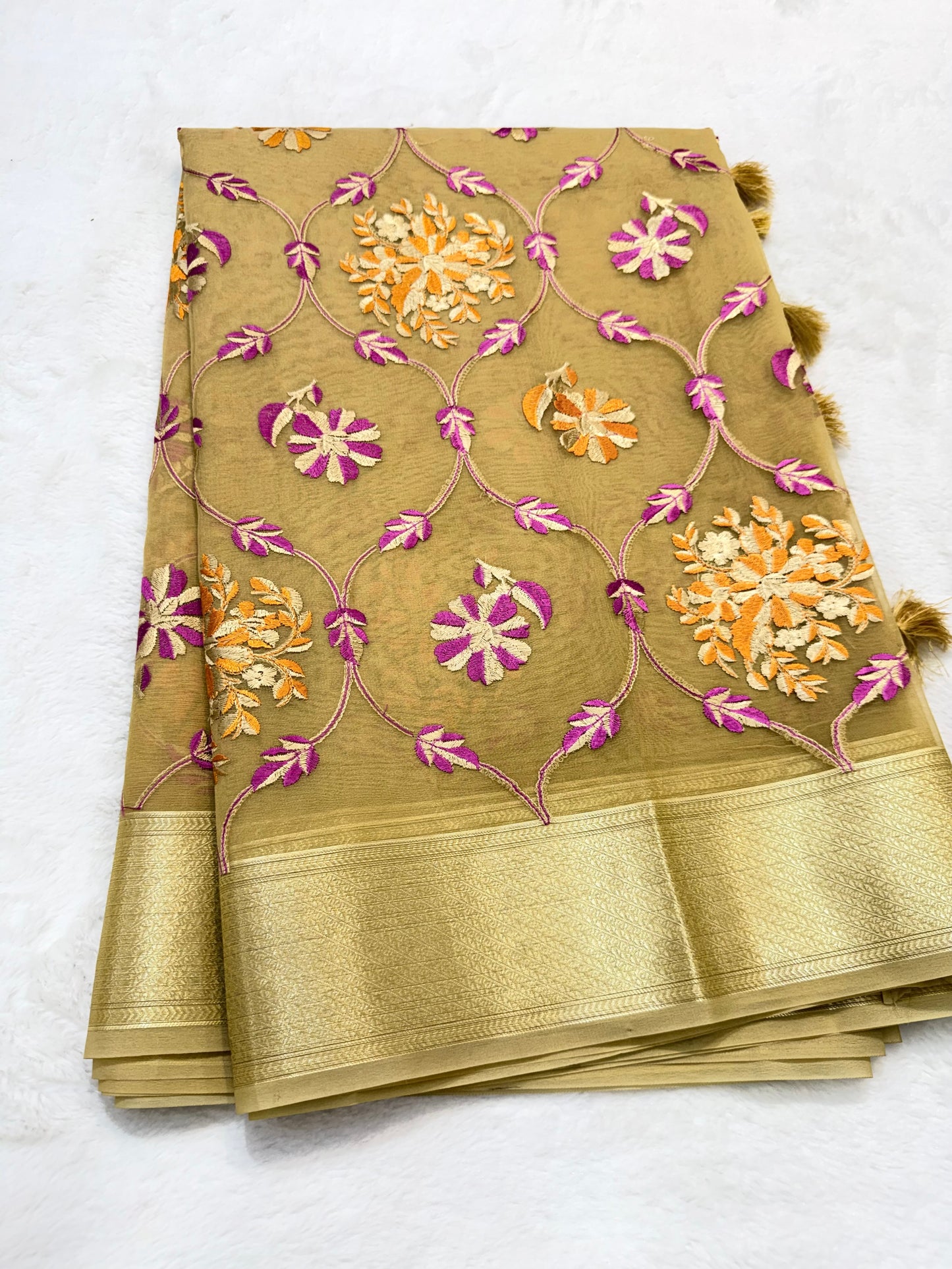 Beige shade organza designer premium embroidery Banarasi saree