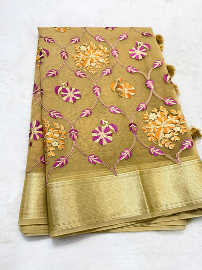 Beige shade organza designer premium embroidery Banarasi saree