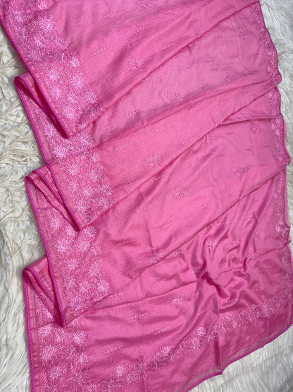 Pink shade cotton kota chickenkari embroidery Banarasi saree