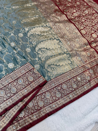 Gray maroon shade Bridal Satan katan ari & stone work Banarasi silk Saree
