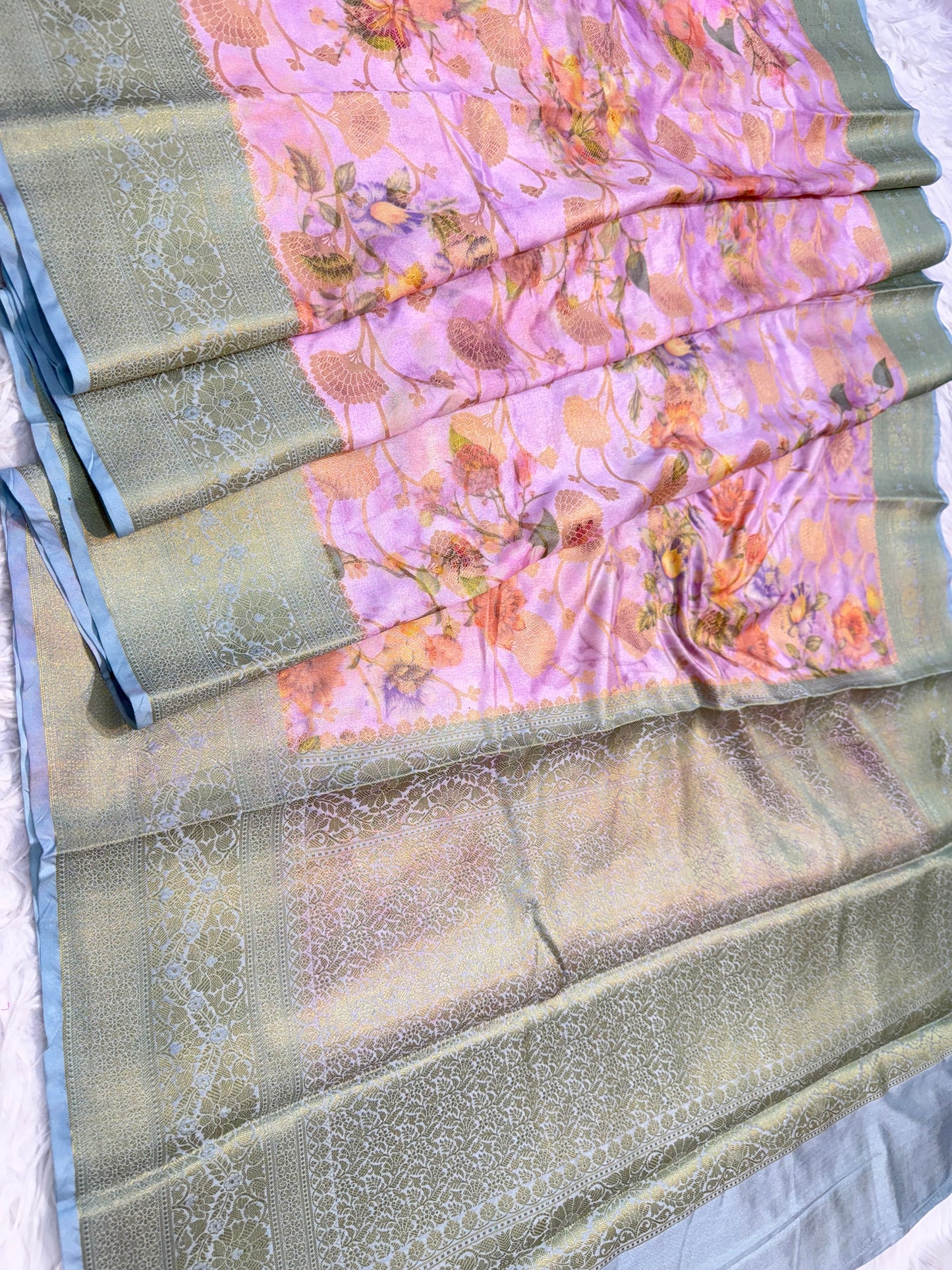 Powder blue & multicolour Dupion silk digital print Banarasi saree