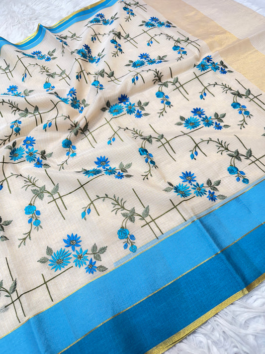 Off white powder blue shade tissue kota embroidery Banarasi saree