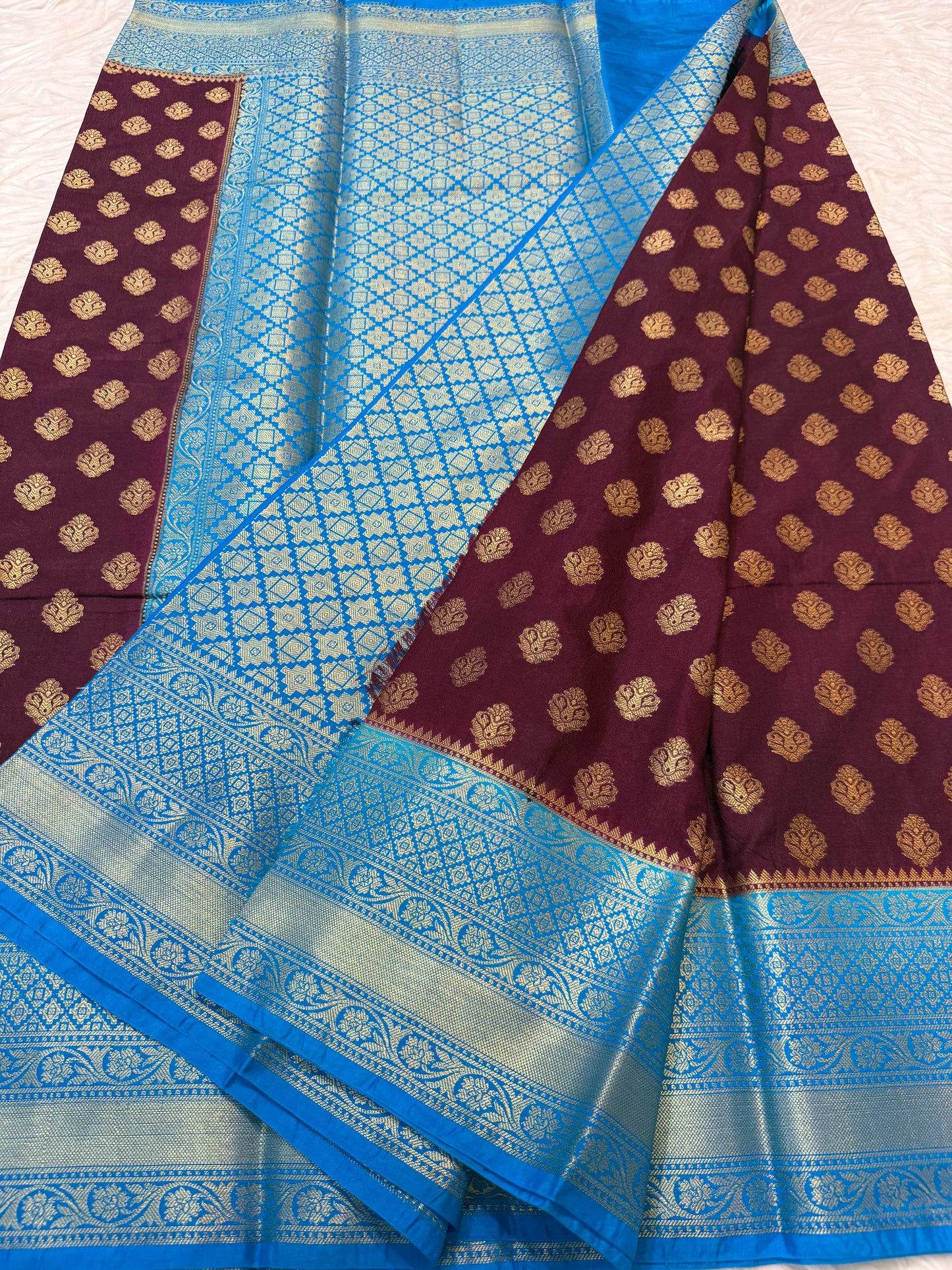 Maroon & powder blue shade Dupion Silk Banarasi Saree 