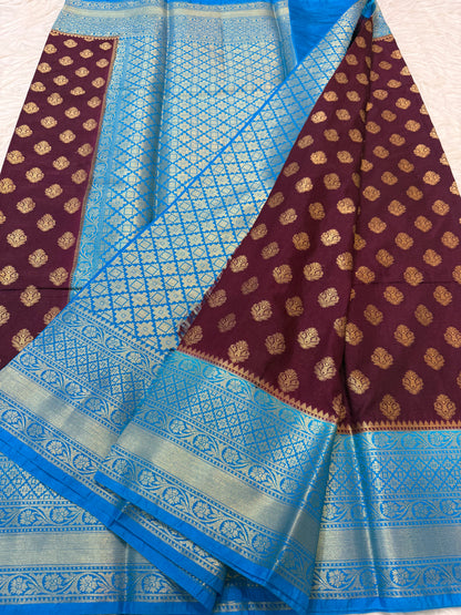 Maroon & powder blue shade Dupion Silk Banarasi Saree 