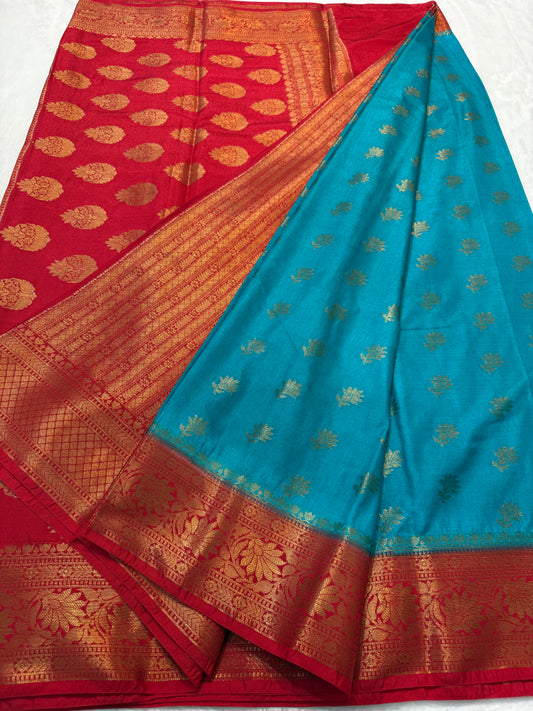 Sea green red shade Dupion Silk premium Banarasi Saree