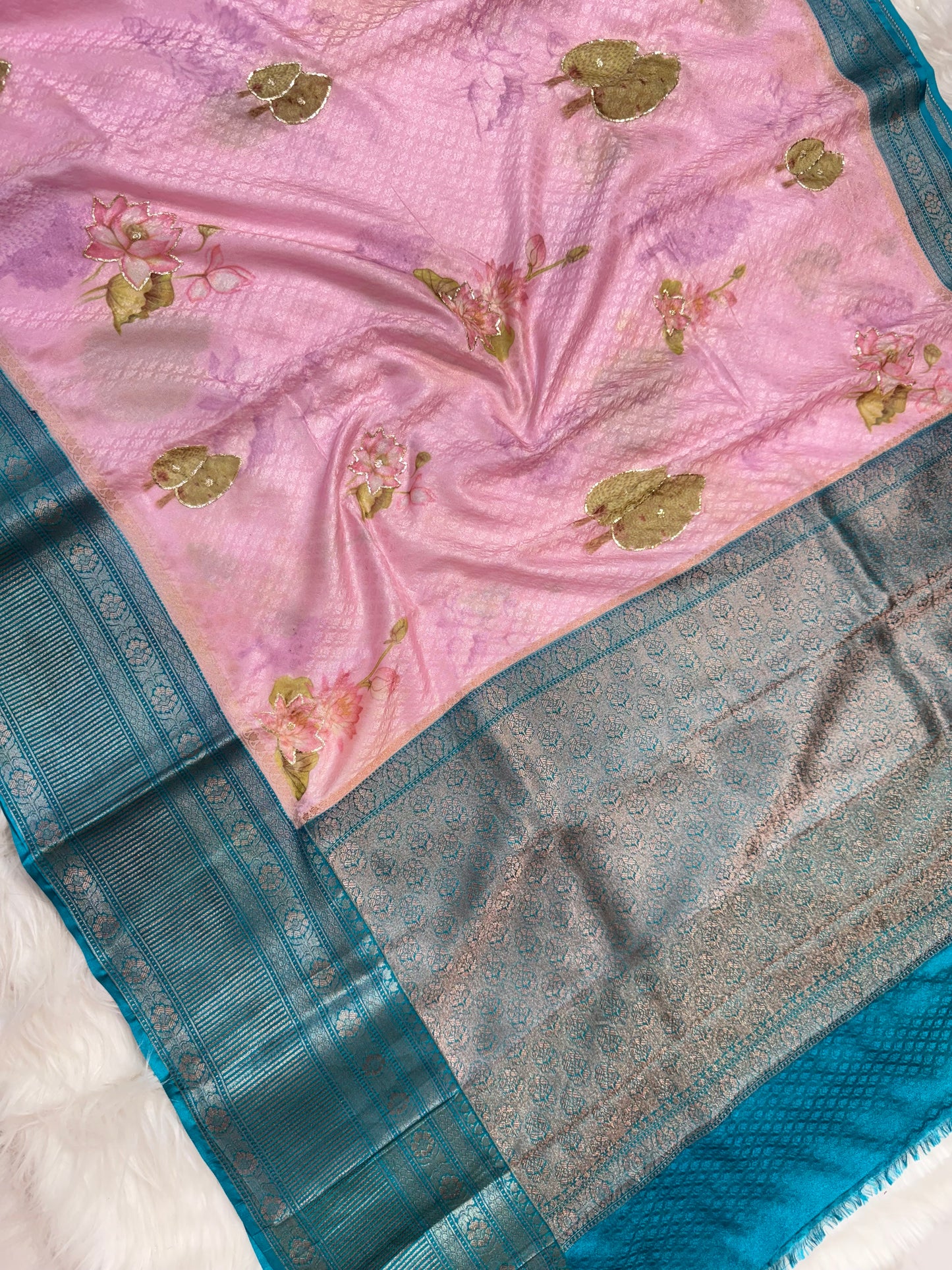 multicolour soft Dupion silk digital  print pita work premium Banarasi saree