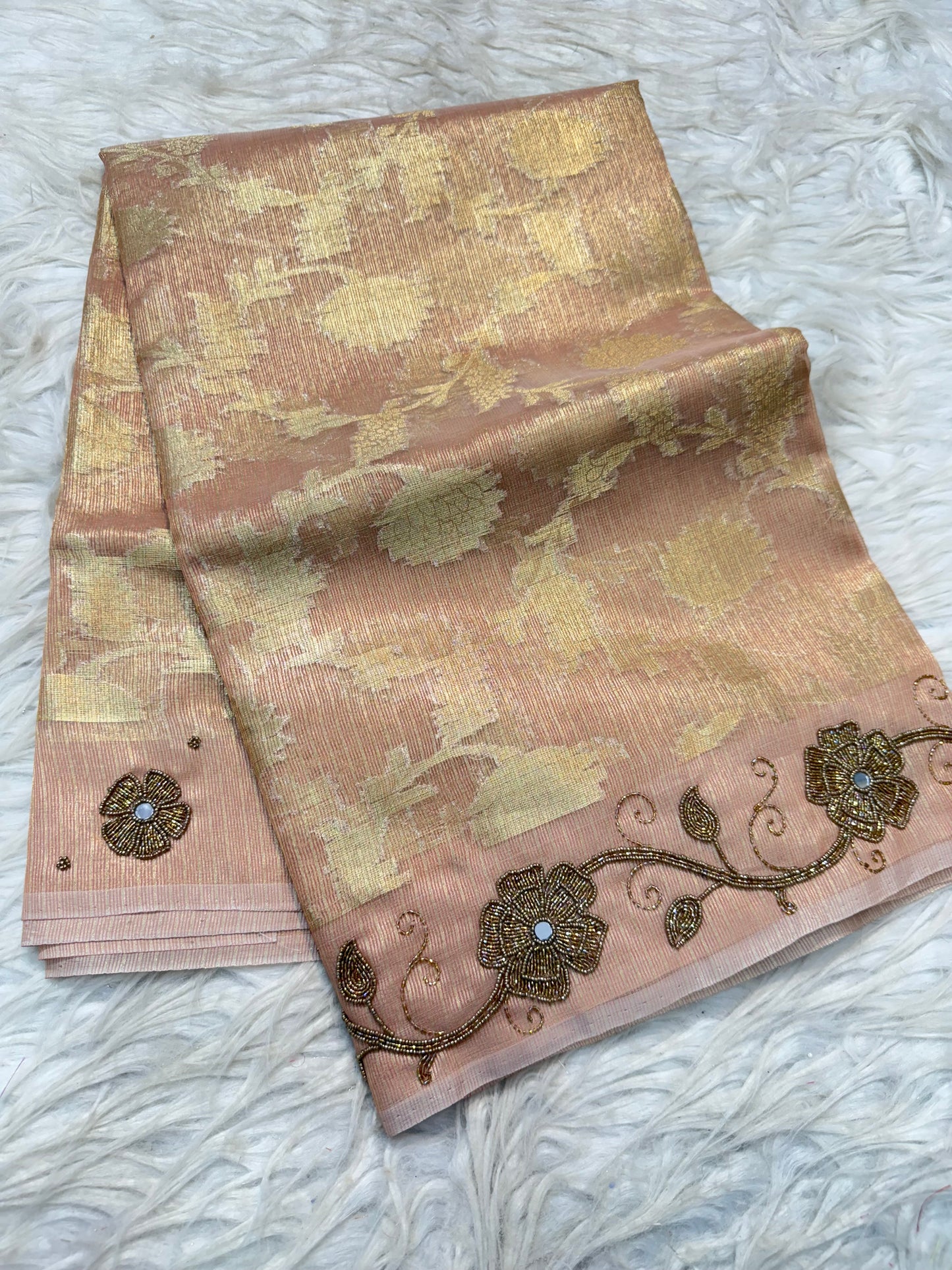 Peach shade tissue kota designer handwork premium Banarasi saree