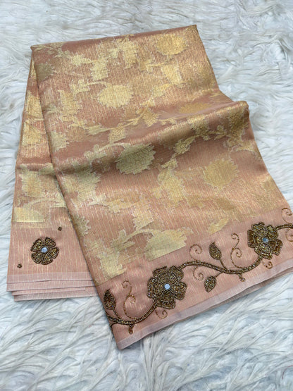 Peach shade tissue kota designer handwork premium Banarasi saree