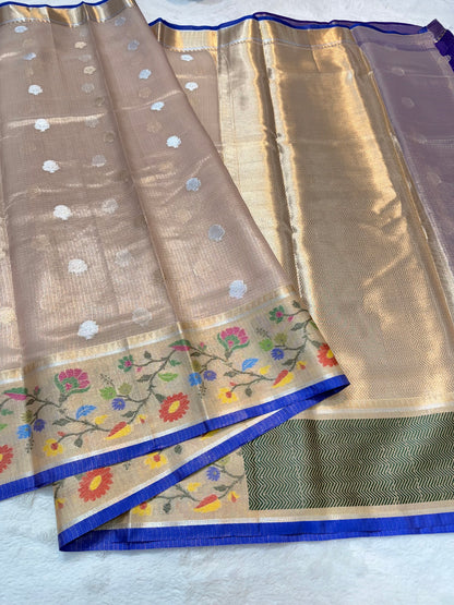 Beige & multicolour shade tissue kota premium paithani border designer banarasi saree