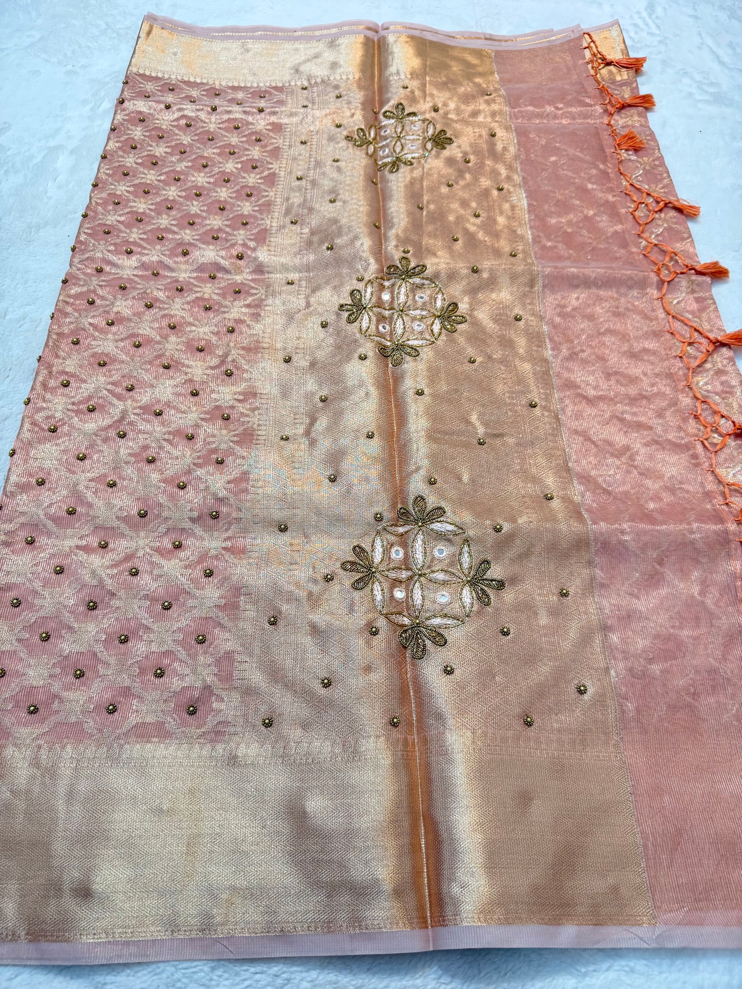 Peach tissue kota designer handwork premium Banarasi saree
