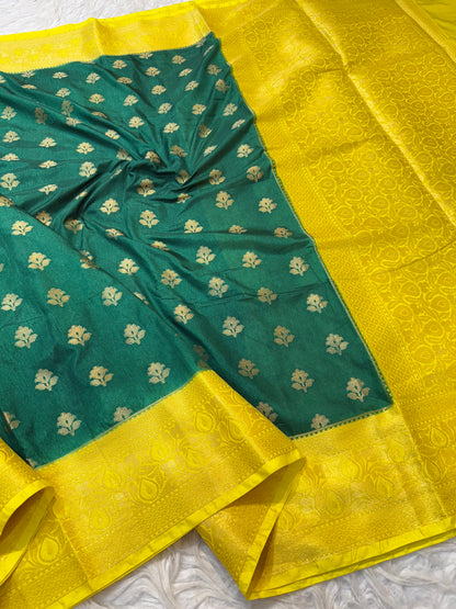 Bottle green yellow shade Dupion Silk premium Banarasi Saree