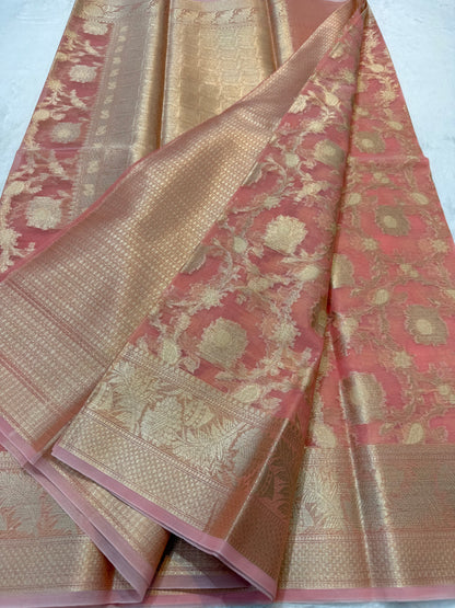 Peach shade kora organza Banarasi saree