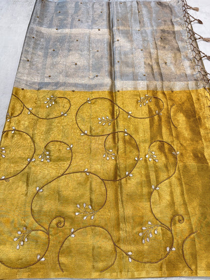 Gold silver tissue half half  tissue designer hand work Banarasi saree