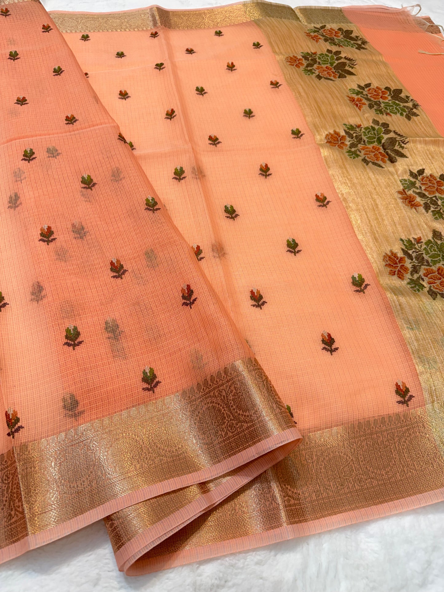 Peach shade cotton kota embroidery Banarasi saree