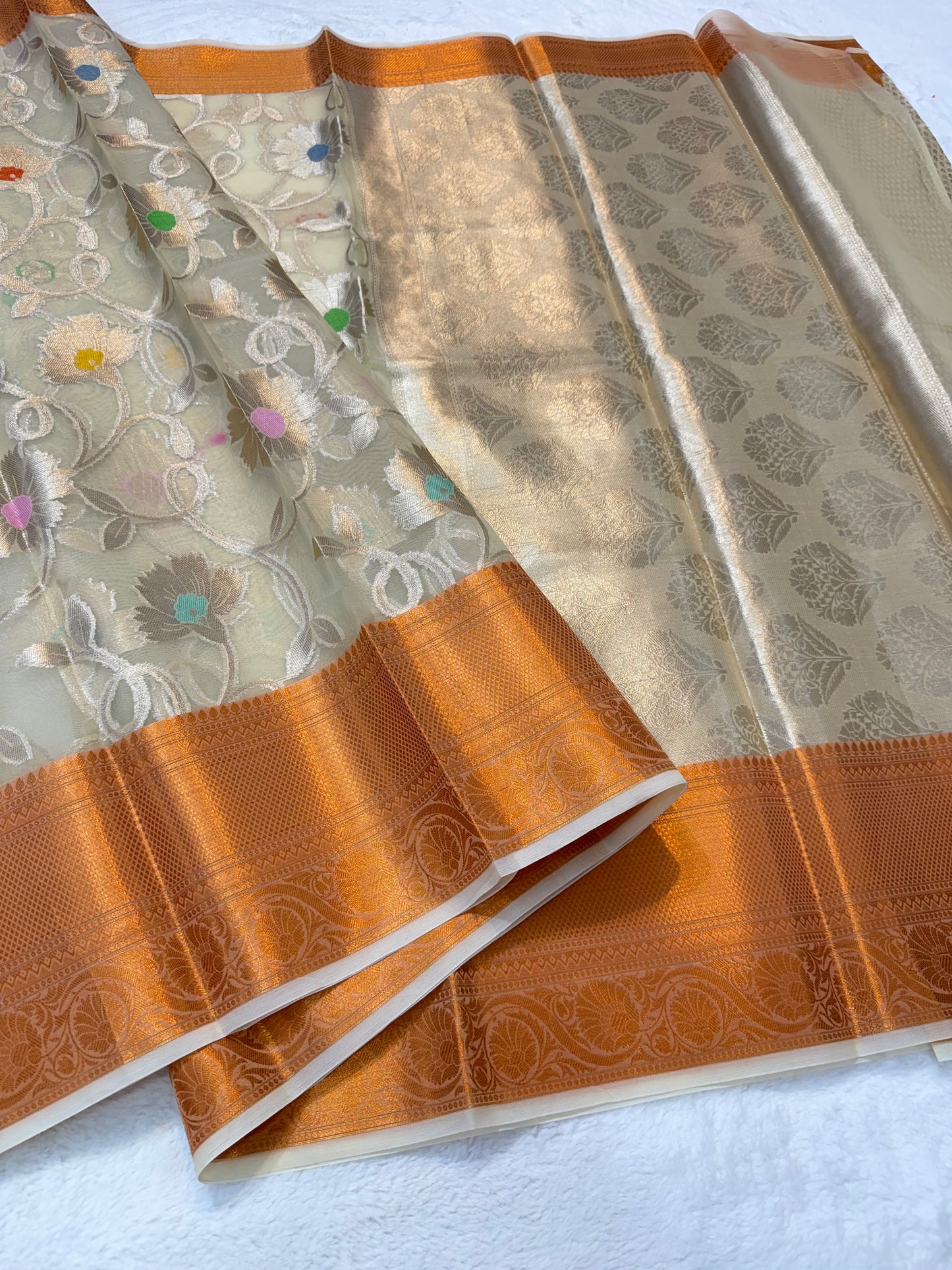 Multicolour shade kora organza Banarasi saree