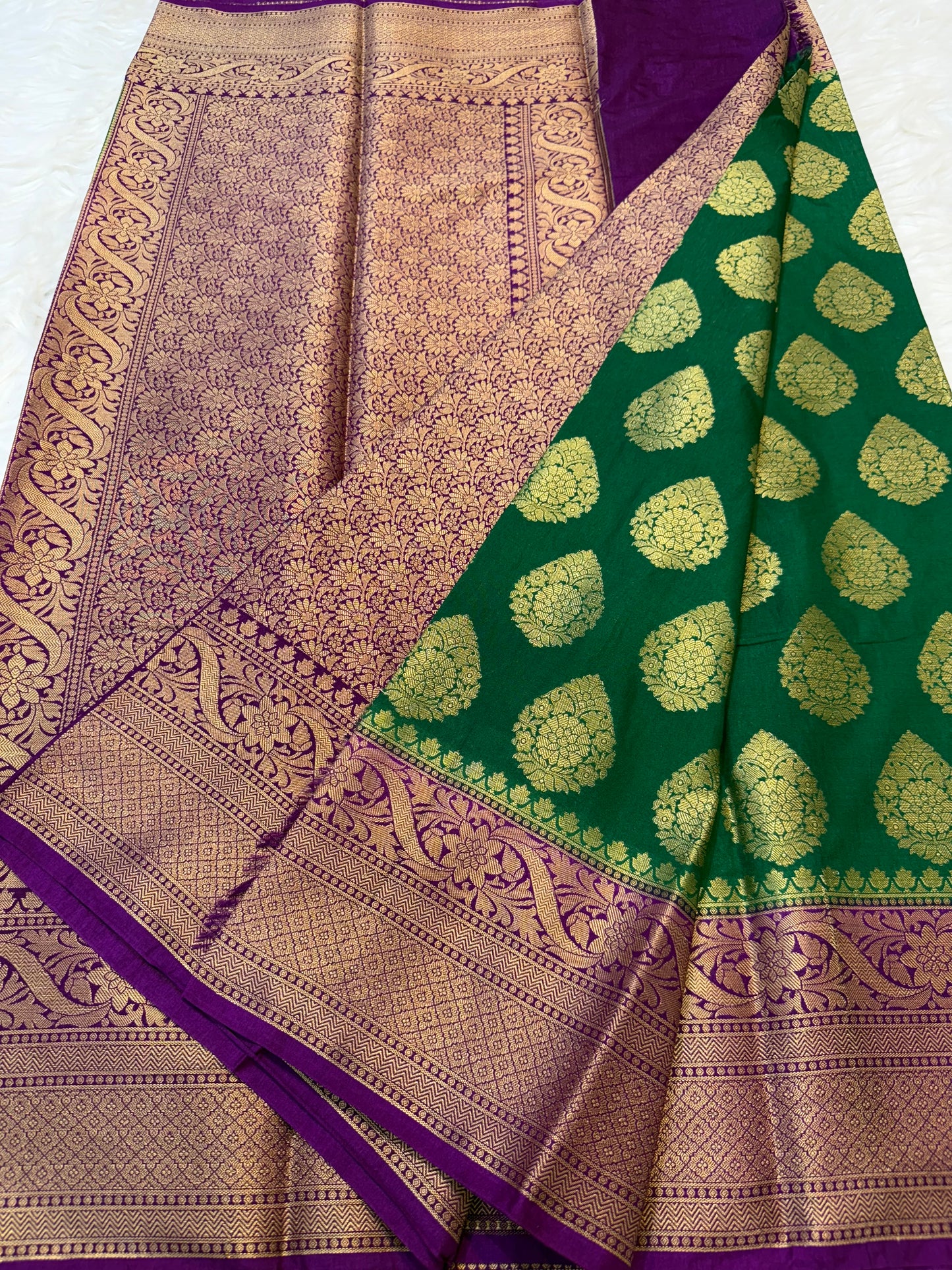 Bottle green & magenta shade Dupion Silk Banarasi Saree 