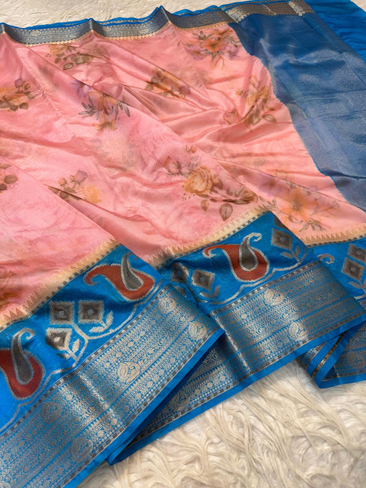Powder Blue & Peach Contrast Kora Organza Digital Print Saree