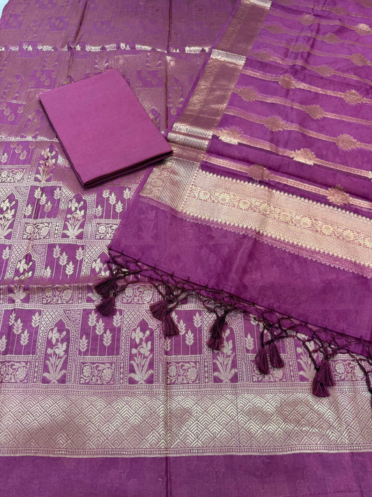 Purple Raw Mango with organza dupatta  Three Piece Banarasi Suit