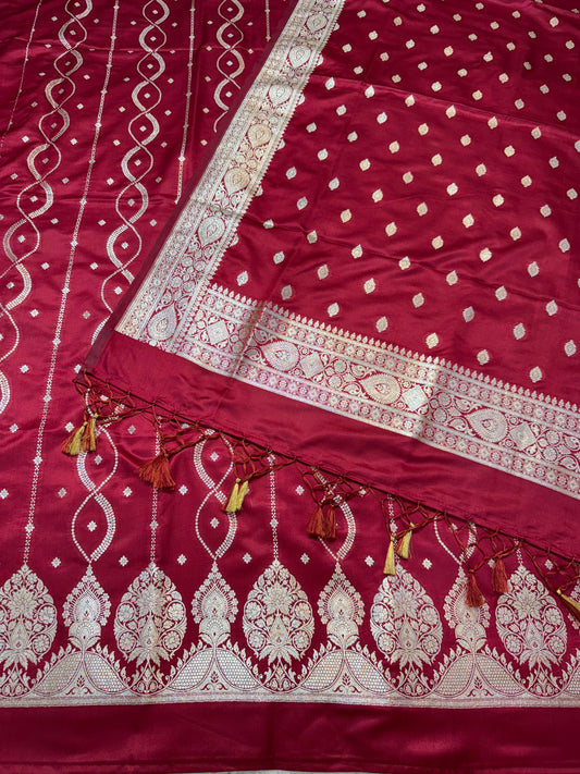 Maroon Satin Katan Three Piece Banarasi Suit