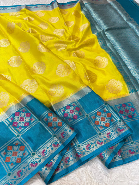Powde Blue & Yellow Warm Silk Skirt Border Zari Boota Saree