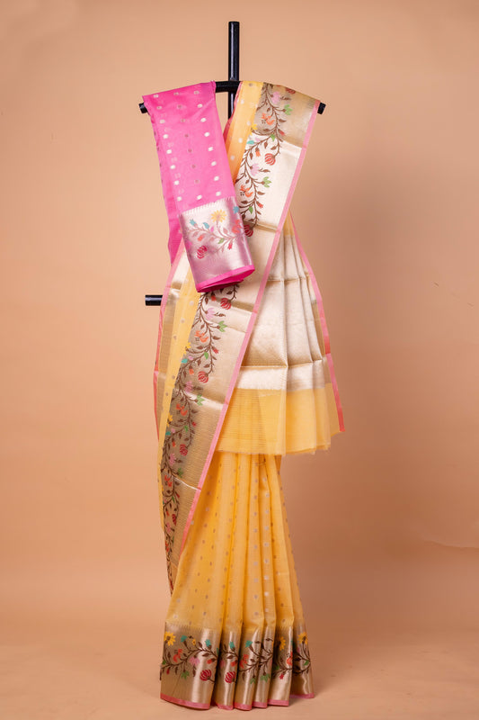 Yellow Cotton Kota Designer Pathni Border Premium Banarasi Saree