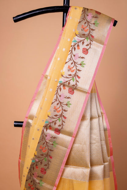 Yellow Cotton Kota Designer Pathni Border Premium Banarasi Saree