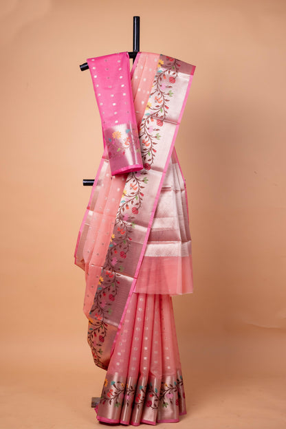Peach Cotton Kota Designer Pathni Border Premium Banarasi Saree