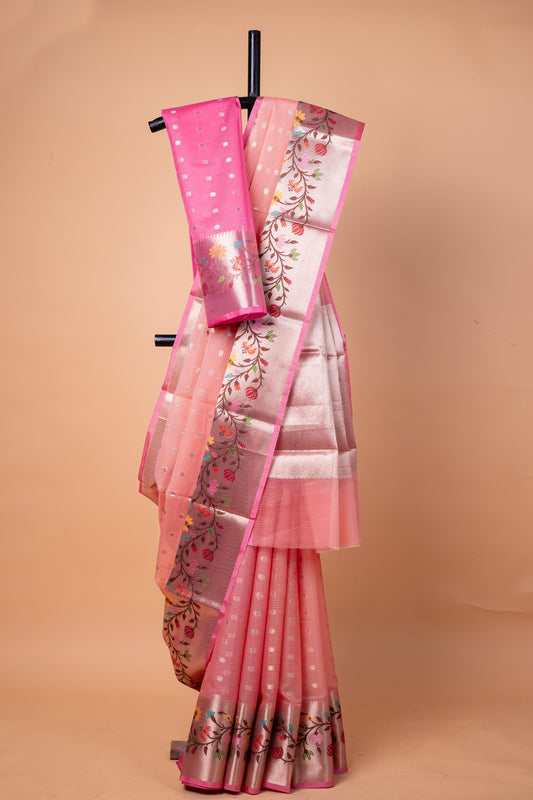 Peach Cotton Kota Designer Pathni Border Premium Banarasi Saree