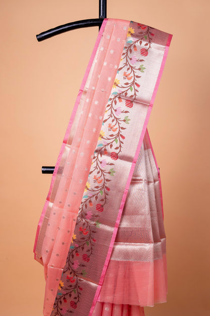 Peach Cotton Kota Designer Pathni Border Premium Banarasi Saree