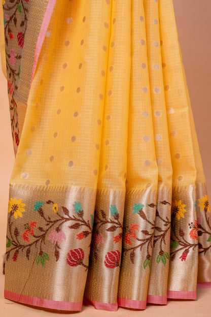 Yellow Cotton Kota Designer Pathni Border Premium Banarasi Saree