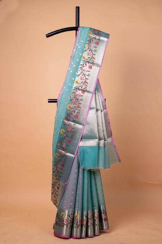 Sky Blue Cotton Kota Designer Pathni Border Premium Banarasi Saree