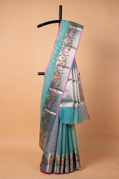 Sky Blue Cotton Kota Designer Pathni Border Premium Banarasi Saree