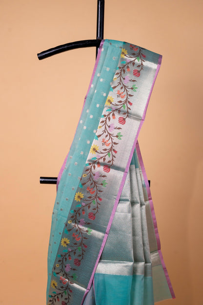 Sky Blue Cotton Kota Designer Pathni Border Premium Banarasi Saree