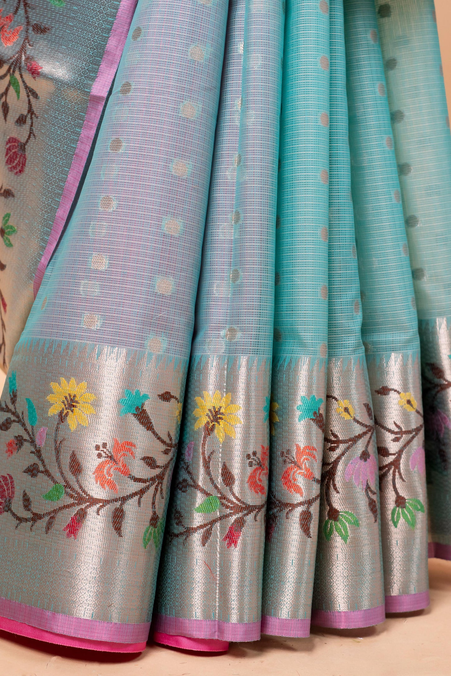 Sky Blue Cotton Kota Designer Pathni Border Premium Banarasi Saree