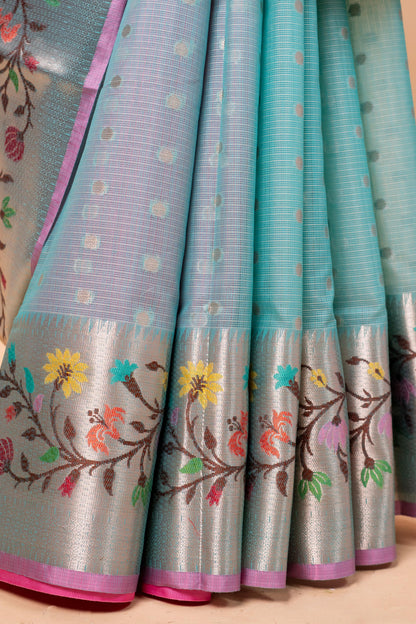Sky Blue Cotton Kota Designer Pathni Border Premium Banarasi Saree
