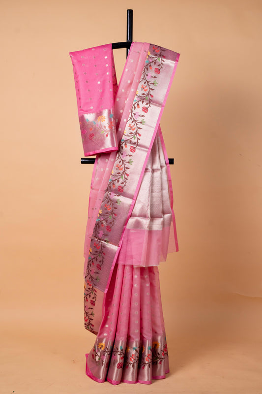 Baby Pink Cotton Kota Designer Pathni Border Premium Banarasi Saree