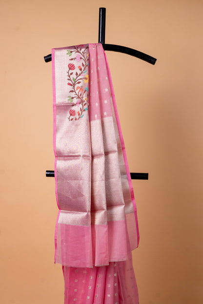Baby Pink Cotton Kota Designer Pathni Border Premium Banarasi Saree