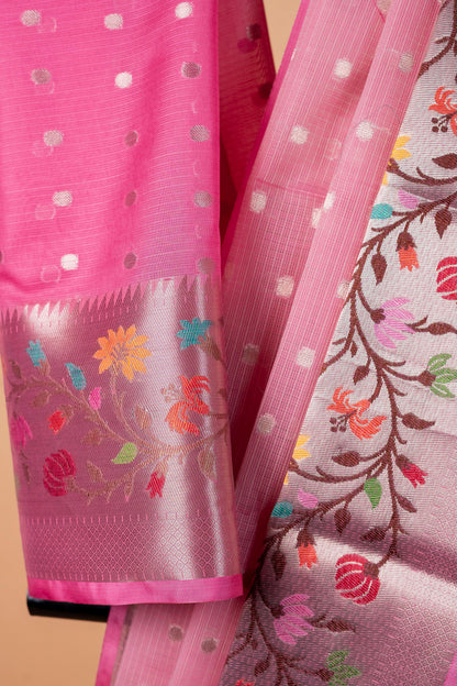 Baby Pink Cotton Kota Designer Pathni Border Premium Banarasi Saree