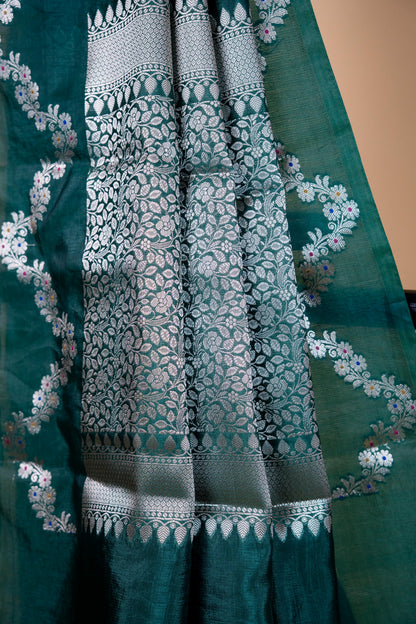 Bottle Green Raw Mango Premium Banarasi Saree