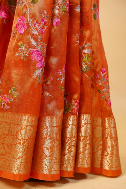 Mustard Tissue Designer Embroidery Premium Banarasi Saree